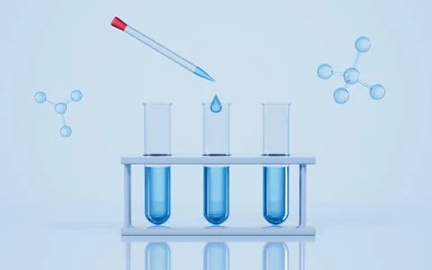 Test tubes and molecules in the lab, scientific medicine concept, 3d renderin Illustrazione stock