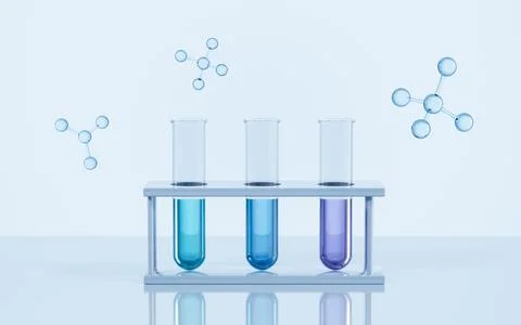 Test tubes and molecules in the lab, scientific medicine concept, 3d renderin Illustrazione stock