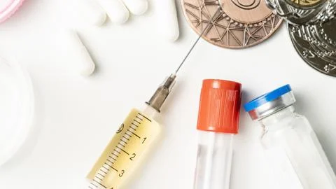Test tubes and pills on background of sports awards, doping concept Stock Photos