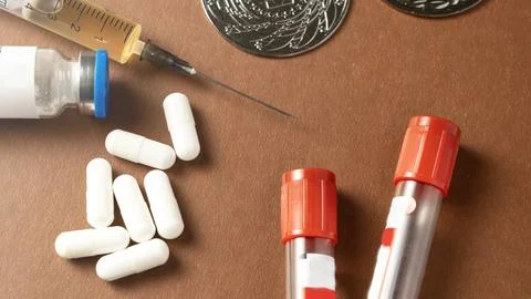 Test tubes and pills on background of sports awards, doping concept Stock Photos