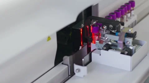 Test tubes are getting inserted into automation blood analyzer	 Stock Footage 133444826