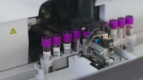 Test tubes are getting inserted into automation blood analyzer	 Stock Footage 133444832