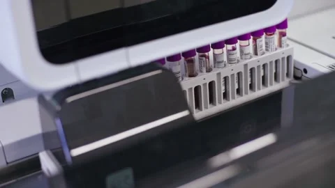 Test tubes are getting inserted into automation blood analyzer	 Stock Footage 134057761