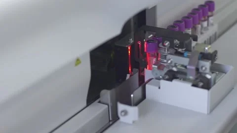 Test tubes are getting inserted into automation blood analyzer	 Stock Footage 134057763
