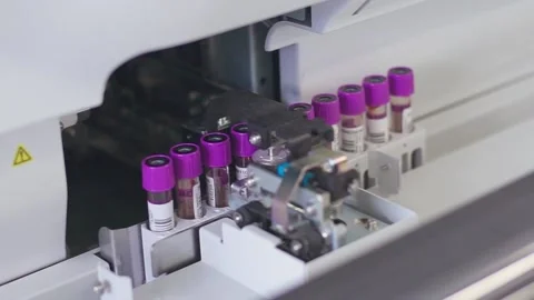 Test tubes are getting inserted into automation blood analyzer	 Stock Footage 134057783