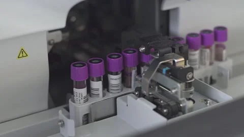 Test tubes are getting inserted into automation blood analyzer	 Stock Footage 134057822