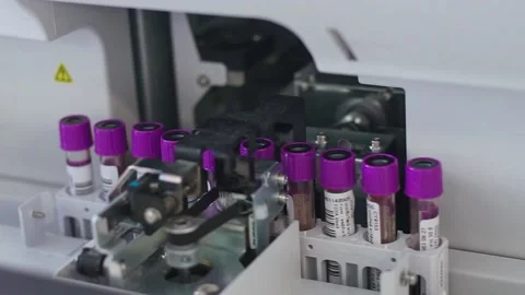 Test tubes are getting inserted into automation blood analyzer	 Stock Footage 134273696