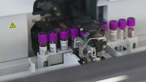 Test tubes are getting inserted into automation blood analyzer	 Stock Footage 134551211