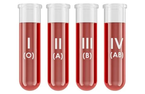 Test tubes with blood labeled as O, A, B and AB blood groups for blood typi.. Stock Illustration