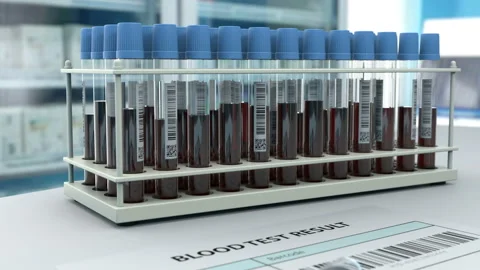 Test tubes with a blood test and lung x-ray image Видео 128742694