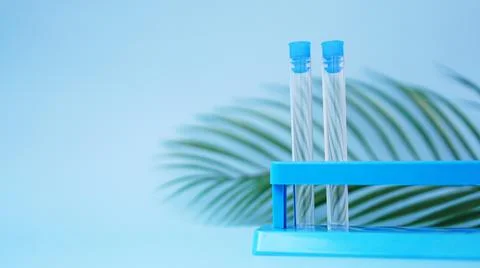 Test tubes on a blue background. Tropical leaf. Tropical disease Stock Photos