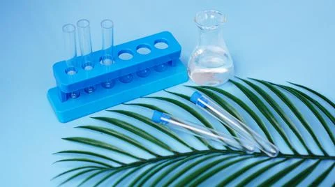 Test tubes on a blue background. Tropical leaf. Tropical disease Stock Photos