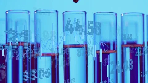 Test tubes with blue liquid showing dropper dropping dye, plumes diffusing for Stock Footage 335317128