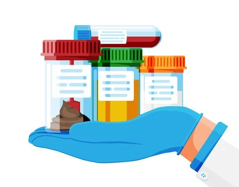 Test Tubes with Caps. Stool, Blood, Urine, Sperm. Stock Illustration