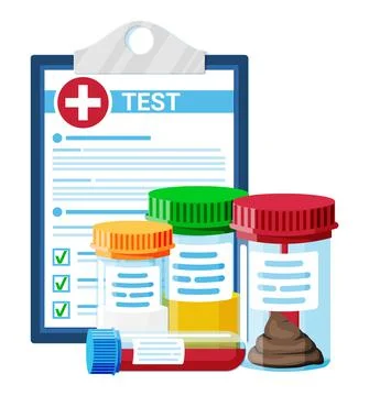 Test Tubes with Caps. Stool, Blood, Urine, Sperm. Stock Illustration