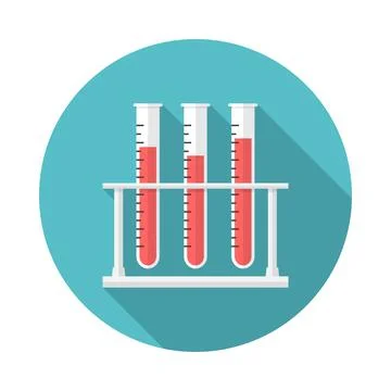 Test tubes circle icon with long shadow. Flat design style. Stock Illustration