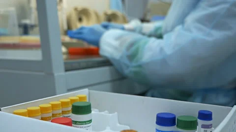 Test tubes in containers are inserted into the medical tray with the scientist s Stock-Footage 121753657