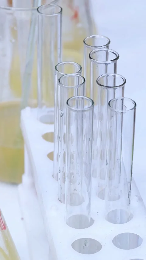 Test tubes in laboratory. Transparent laboratory test tubes. Stock-Footage 342576767