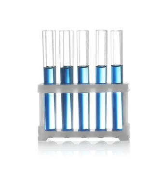 Test tubes with liquid samples in rack on white background. Chemistry glasswa Stock Photos