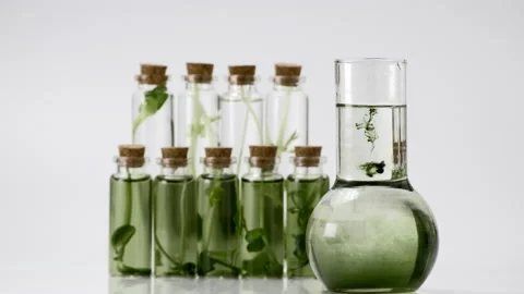 Test tubes with micro greens and reagent Chlorophyll extract poured in water Stock Footage 157454079