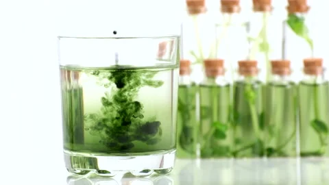 Test tubes with micro greens and reagent Chlorophyll extract poured in water Stock Footage 169753978