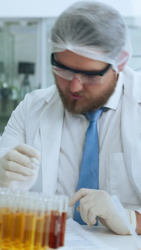 Test tubes, scientist and writing report in lab for sample study, DNA results or Stock Footage 319883658