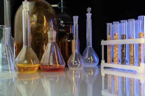 Test tubes with seeds of selection plants. Research Analyzing Agricultural .. Stock Photos