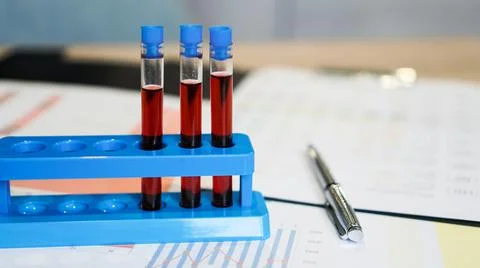 Test tubes on a stand and a flask with red blood on medical documents Stock Photos