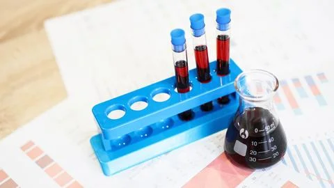 Test tubes on a stand and a flask with red blood on medical documents Stock-Fotos