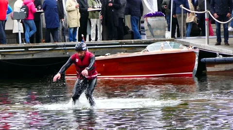 Test water jet pack flyboard for first time inside river funny failure at end Stock Footage 64002477