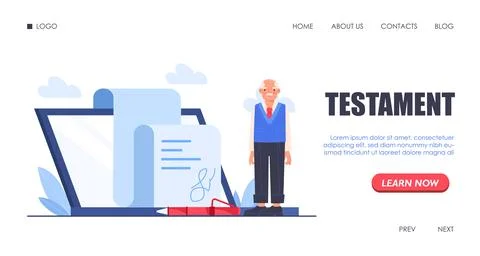 Testament concept with elderly man, laptop, and signed document. Stock Illustration