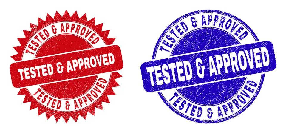 TESTED &amp; APPROVED Rounded and Rosette Watermarks with Corroded Texture Illustrazione stock