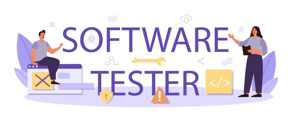 Tester software typographic header. Application or website code Stock Illustration