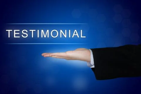 Testimonial button on blue background Stock Photos