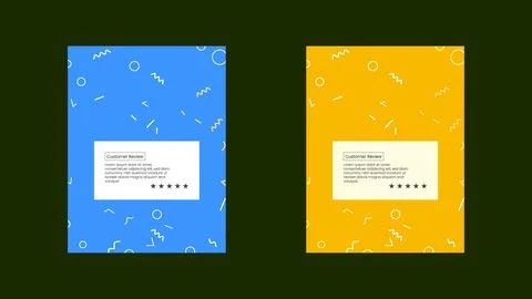 Testimonial card designs with five star rating on blue and yellow background 스톡 일러스트