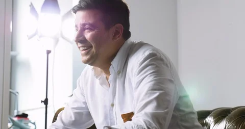 Testimonial Studio Shot of Dark-Haired Smiling Man Stock Footage 120437015