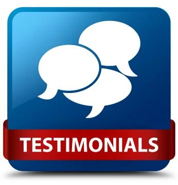 Testimonials (comments icon) blue square button red ribbon in middle 스톡 일러스트