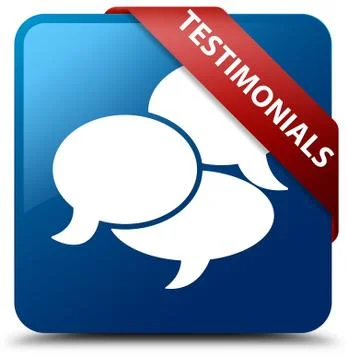 Testimonials (comments icon) blue square button red ribbon in corner 스톡 일러스트