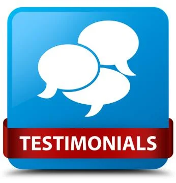 Testimonials (comments icon) cyan blue square button red ribbon in middle 스톡 일러스트