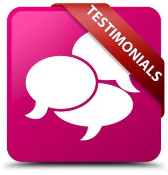 Testimonials (comments icon) pink square button red ribbon in corner 스톡 일러스트