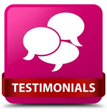 Testimonials (comments icon) pink square button red ribbon in middle 스톡 일러스트
