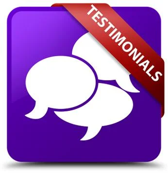 Testimonials (comments icon) purple square button red ribbon in corner 스톡 일러스트