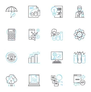 Testing and experimentation linear icons set. Analysis, Simulation, Verification Stock Illustration