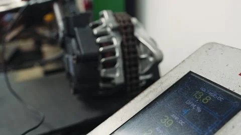 Testing a car spare part on a stand with voltage numbers on the display Stock Footage 284544018