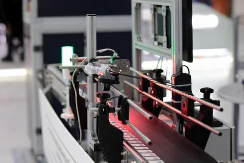 Testing the code reading system on conveyor line Stock Photos