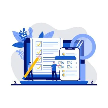 Testing concept with character. People answering quiz checklist and success.. Stock Illustration