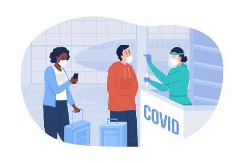 Testing for covid at airport 2D vector isolated illustration Illustrazione stock