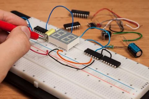 Testing electrical circuit on breadboard Stock Photos