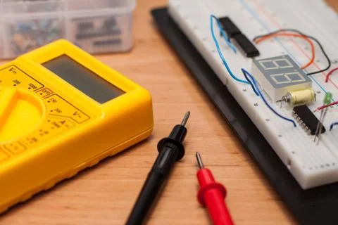 Testing electrical circuit on breadboard Stock Photos