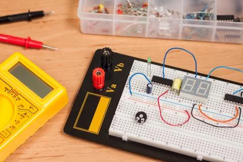 Testing electrical circuit on breadboard Stock Photos